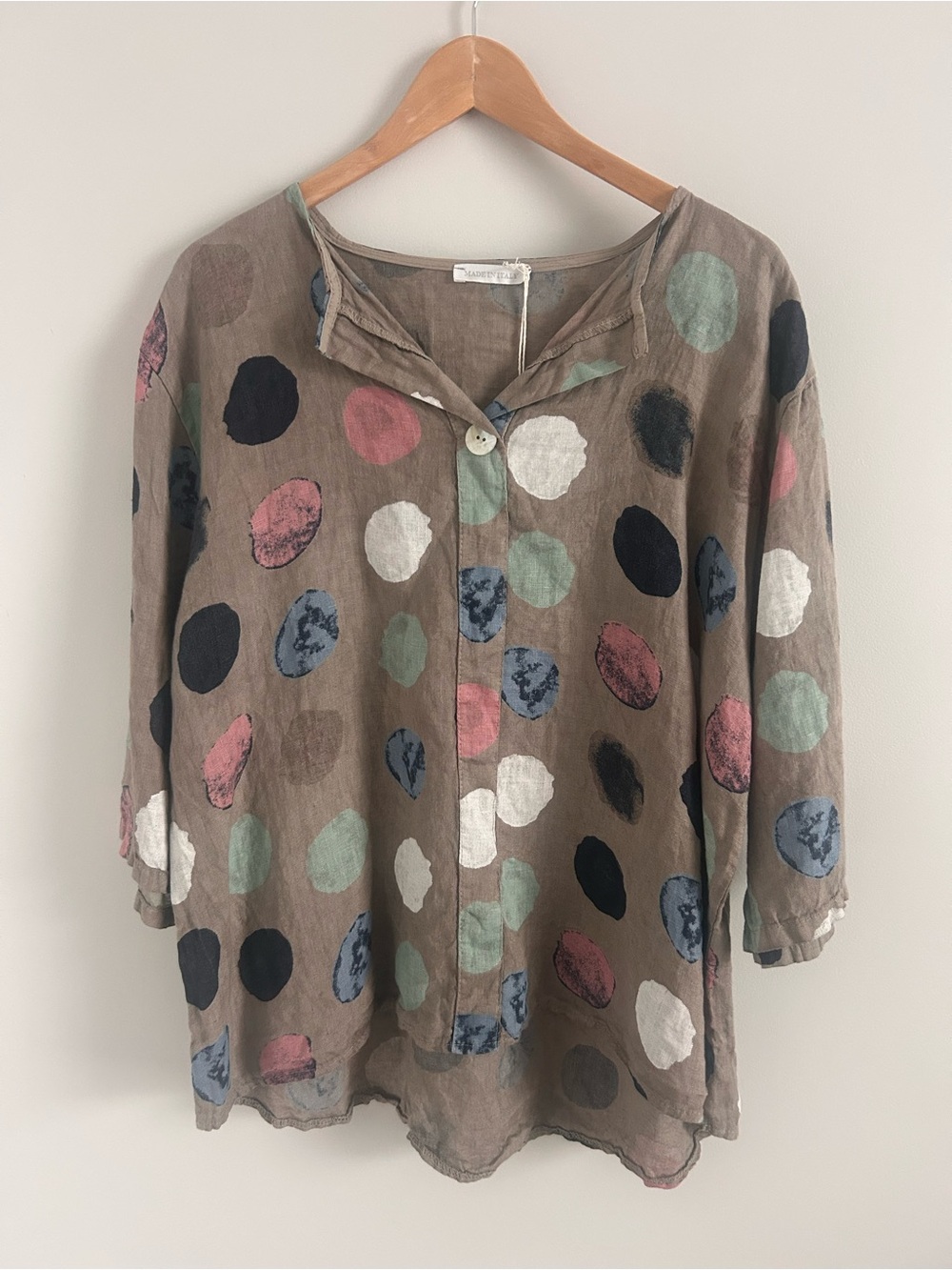 Made in Italy 100% Linen Taupe Polka Dot Oversized Blouse, O/S, Boho Art Top